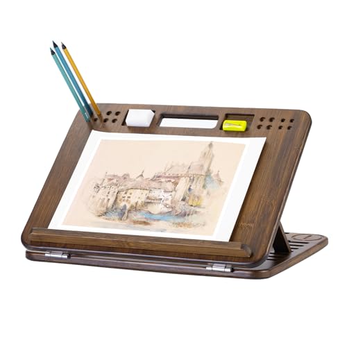 StrongTek Bamboo Tabletop Easel for Painting and Drawing, Adjustable Drawing Easel with Pencil & Eraser Holes, Stable Table and Lap Use for Sketching, Acrylic Painting and Reading - style: Brown