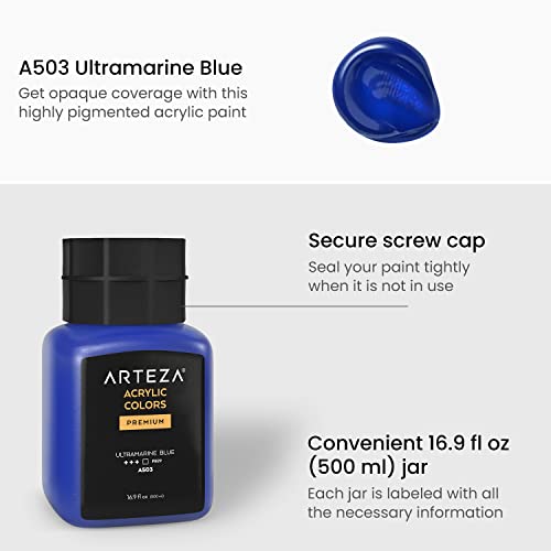 ARTEZA Acrylic Paint, A503 Ultramarine Blue, 16.9 fl oz, 500ml Jar, Opaque, Quick-Drying, Acrylic Paints for Painting on Canvas and Wood - color: A503 Ultramarine Blue, size: 16.9 Fl Oz (Pack of 1)