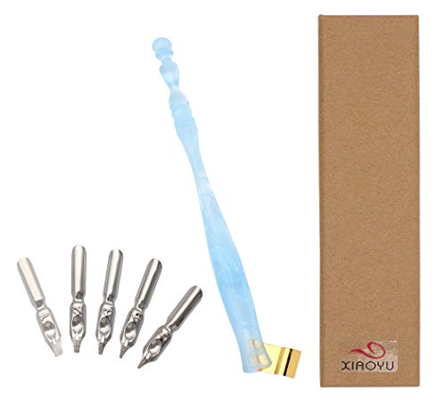 Xiaoyu Calligraphy Oblique Nib Pen Holder, English Calligraphy Pen Nib Holder, Resin Dip Pen Handle Nib Holder with 5 Flat Nibs, Light Blue - color: Light Blue