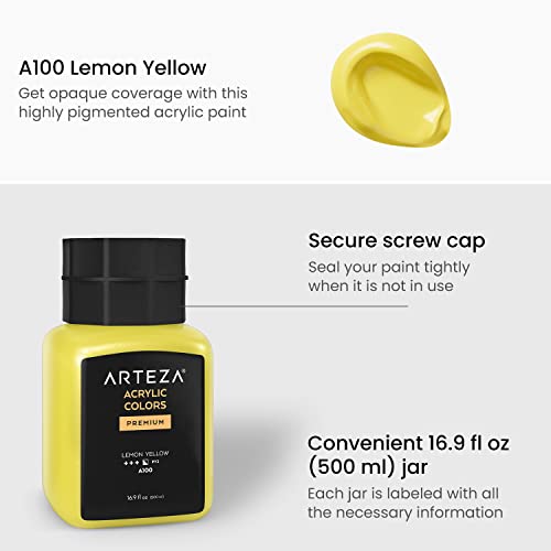 ARTEZA Acrylic Paint, A100 Lemon Yellow, 16.9 fl oz, 500ml Jar, Opaque, Quick-Drying, Acrylic Paints for Painting on Canvas, Paper, Wood - color: A100 Lemon Yellow, size: 16.9 Fl Oz (Pack of 1)