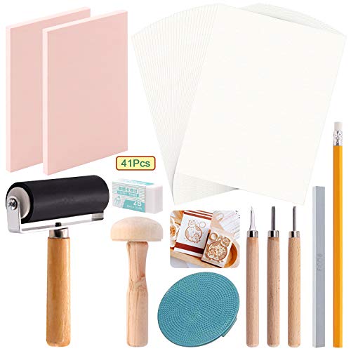 Keadic 41 Pieces Rubber Stamp Making Kit, Includes 2 Rubber Stamps Carving Blocks, 3 Carving Tools & Whetstone, Tracing Papers, Brayer Roller, Block Printing Tools for Stamp Carving and Printmaking