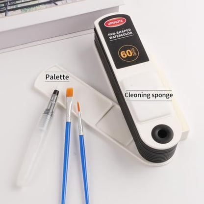 Collapsible Watercolor Paint Set with 60 colors with 2 refillable water brush pens, 2 brushes and palettes, washable Watercolor paint set for students, adults and painting enthusiasts