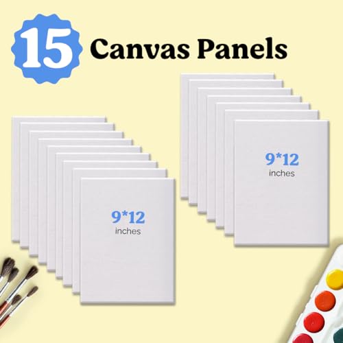 Chalkola Paint Canvas Panels 9x12 inch (15 Pack) for Acrylic Painting & Oil Art, Primed 100% Cotton Boards, Acid-Free for Professional Artists, Hobby Painters, Kids & Beginners - size: 15 - 9"x12", style: White
