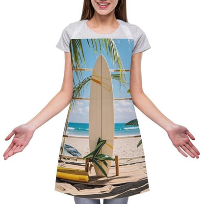 Bib Aprons Waterproof Chef Apron Fashion Painting Artist Apron | Surfboard on Wooden Apron for Men Women Adjustable Cooking Apron Funny Kitchen Aprons Polyester Art Aprons