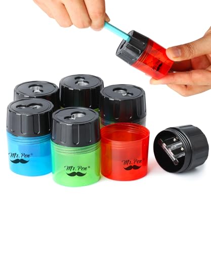 Mr. Pen- Pencil Sharpeners Manual, 6 Pack, Dual Hole | Colorful Handheld Pencil Sharpener, Compatible with Standard and Jumbo Pencils, Screw-On Lid, Stainless Steel Blade - color: Green, Yellow, Blue, Pink, Black, Red, size: 6 Pack