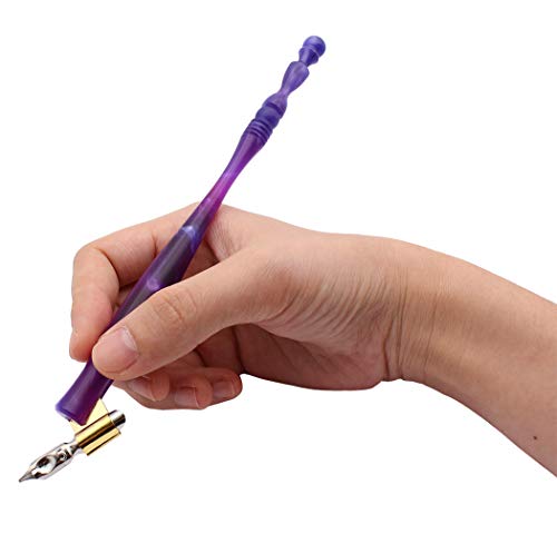 XIAOYU Calligraphy Oblique Nib Pen Holder, English Calligraphy Pen Nib Holder, Resin Dip Pen Handle Nib Holder with 5 Flat Nibs, Blue and Pruple - color: Blue & Pruple