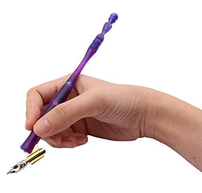 XIAOYU Calligraphy Oblique Nib Pen Holder, English Calligraphy Pen Nib Holder, Resin Dip Pen Handle Nib Holder with 5 Flat Nibs, Blue and Pruple - color: Blue & Pruple
