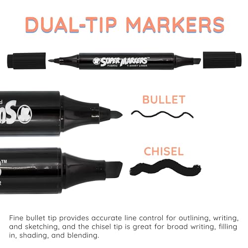 U.S. Art Supply Super Markers Black Dual Tip Fabric Markers Permanent for Clothes - Set of 6 Fabric Pens with Permanent Ink, Double-Ended with Chisel Point and Fine Point Tips - style: 6-Marker Black Set