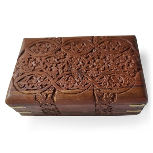 GURU JEE Hand Carved Wooden Decorative Floral Carvings Multipurpose Storage Organiser Keepsake Jewellery Box 20x12.5x6.5 CM - color: EYEFL_8X5