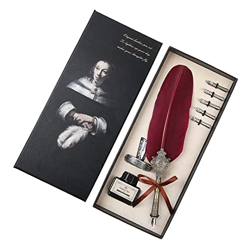 Surakey Writing Quill Pen Feather Pen Calligraphy Ink Dip Pen Set Luxury Vintage Signature Fountain Pen Gift Kit with Pen Stand Holder for Writing,Invitation Letters,Diary, Postcard (Black)
