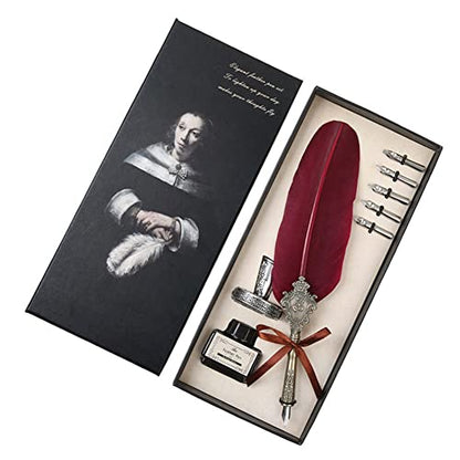 Surakey Writing Quill Pen Feather Pen Calligraphy Ink Dip Pen Set Luxury Vintage Signature Fountain Pen Gift Kit with Pen Stand Holder for Writing,Invitation Letters,Diary, Postcard (Black)