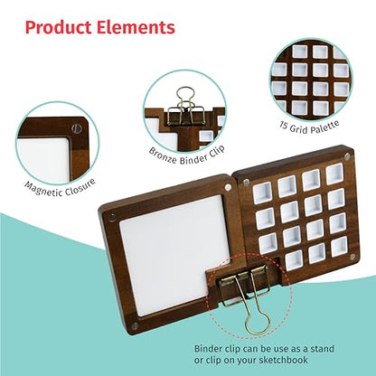 Personalized 15 Watercolor Mini Palette Travel Set - Pocket Wooden Palette w/ 15 Grids, Custom Engraving Option, Portable Painting Kit for Artists, Students Travel-Friendly Painting Set