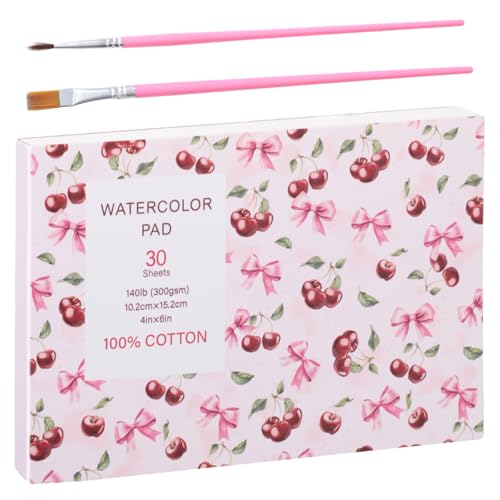 Watercolor Paper Pad 4x6 Inch, 30 Sheets 140 lb Cold Press with 2 Brushes | 300 GSM paper, good water absorption, single-side glue binding, easy tear-off, for watercolor, drawing and mixed media - size: 4x6 Inch
