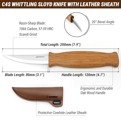 BeaverCraft Wood Carving Sloyd Knife C4s 3" - Whittling Knife with Leather Sheath for Carvers - Chip Wood Carving Tools for Beginner and Profi