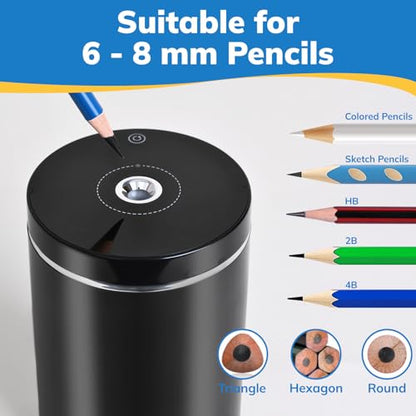 Electric Pencil Sharpener, Fully Automatic Pencil Sharpener with Auto in and Out, Rechargeable and Hands-Free for Standard 6-8mm Pencils, Perfect for Classroom (Black and Silver) - color: Black & Silver