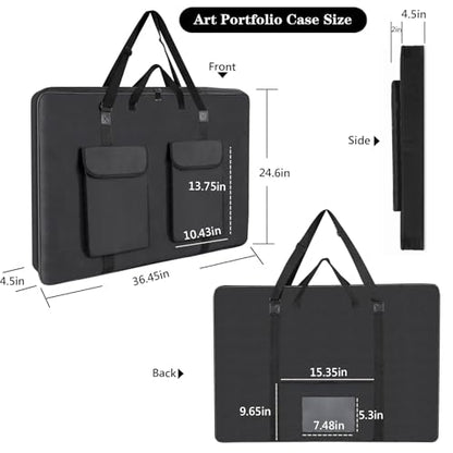 TreochtFUN Hard Side Art Portfolio Bag 24 X 36, Upgrade Heavy Duty Art Carrying Case With Metal Rigid Frame,Sturdy Fabric For Artwork, Advertising,Canvas,Boards,Screen Monitors & Displays (Black)