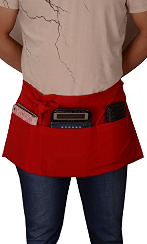 Resist water 3 big Pockets Waist Server Apron Kitchen Restaurant Unisex Half Aprons - color: Red