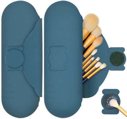 Travel Makeup Brush Holder with Cleaning Pad -Silicone Brush Organizer Case, Magnetic Closure Waterproof Cosmetic Bag for Easy Storage & On-the-Go Cleaning (9.05 Inch) - color: Dark Blue