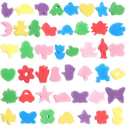 48Pcs Shaped Painting Sponges Craft Paint Sponge Colorful Assorted Animals Plant Mixed Shapes Foam Drawing Stamp Kit for DIY Art Crafts Learning Models Activities Brushes Tools Decoration - style: Mixed Shape 2