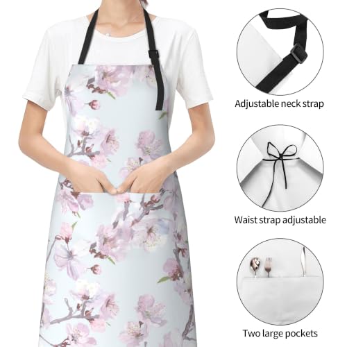 Cream Pastel Wildflower Art Waterproof Apron with Pockets | Garden Aprons for Men Women Adjustable Bib Apron for Cooking Kitchen Baking BBQ Painting Housework Oil Resistant - color: Delicate Branch Design