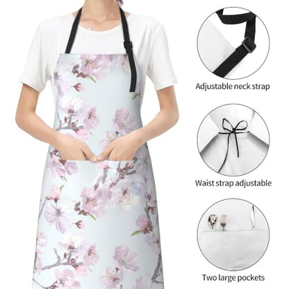 Cream Pastel Wildflower Art Waterproof Apron with Pockets | Garden Aprons for Men Women Adjustable Bib Apron for Cooking Kitchen Baking BBQ Painting Housework Oil Resistant - color: Delicate Branch Design