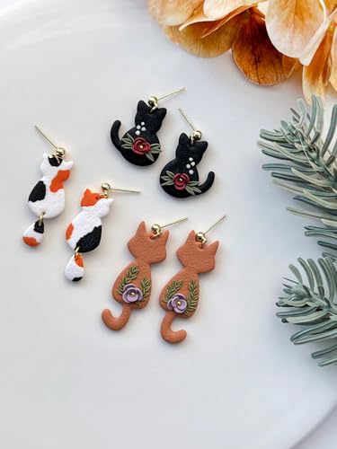 Cute Cat Shaped Clay Earring Cutters Set, Assorted Designs (Calico Cat, Floral Cat), Professional Clay Molds for Handmade Pet Lover Crafts