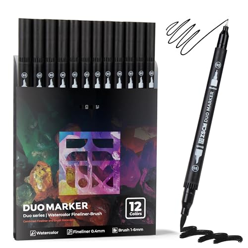 ZSCM Black Duo Tip Marker Pens, 12 Pack Fine & Brush Markers for Adult Coloring Books No Bleeding, Jet Black Markers for Outlining, Sketching, Japanese Manga, Calligraphy and Graphic Novels - color: 12 Black