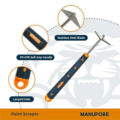 MANUFORE 13-Inch Contour Paint Scraper, Long Soft Grip Handle with 3 Interchangeable Blades for Paint, Varnish, Putty, Caulk and Rust Removal on Curved & Rounded Surfaces
