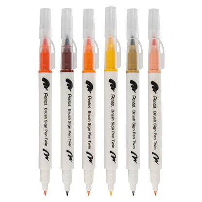 Pentel Arts Sign Pen Twin Brush, Pack of 6 Pens, Yellow Hues (SESW30CPC6-5)