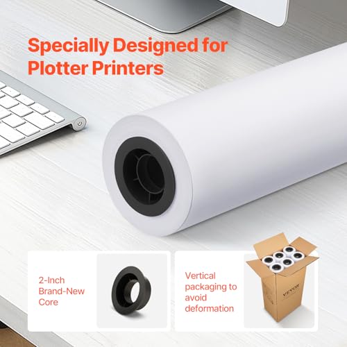 VEVOR 24 in x 150 ft Plotter Paper, 6 Rolls, 20 LB Bond, Architectural D/E, 2496 Sheets, White, Uncoated, Biodegradable, 94% Opacity, Ideal for CAD, Engineering, GIS Maps & Architectural Designs - size: 24 in x 150 ft, style: 6 Rolls