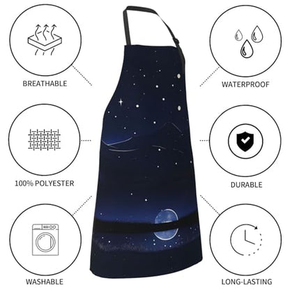 Round watercolor painting Heavy Duty Waterproof Apron with Pockets for AdultsResistant Grilling, Gardening, Painting - color: Serene Blue Night View