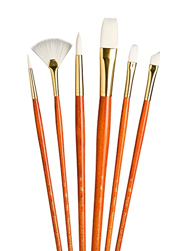 Princeton RealValue Brush Set, White Taklon, Orange Handle, 6 Piece, 1 Count - color: Orange, size: Round 2,6,Fan 2,Filbert 4,Ang 4,Flat 10