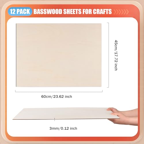 AWIZOM 12 Pack Basswood Sheets for Crafts-18 x 24 x 1/8 Inch- 3mm Thick Plywood Sheets with Smooth Surfaces Unfinished Wood Boards for Laser Cutting, Wood Burning, Architectural Models, Staining - size: 18 x 24 inch