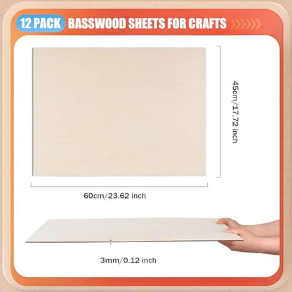 AWIZOM 12 Pack Basswood Sheets for Crafts-18 x 24 x 1/8 Inch- 3mm Thick Plywood Sheets with Smooth Surfaces Unfinished Wood Boards for Laser Cutting, Wood Burning, Architectural Models, Staining - size: 18 x 24 inch