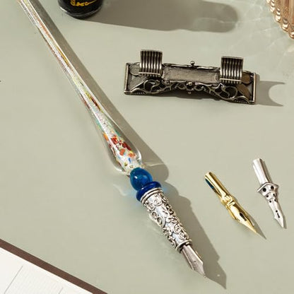 HUIOP Quill Pen,Retro Glass Dip Ink Pen Set Vintage Quill Pen Calligraphy Crystal Writing Signature Ink Dipped Pen with 2 Nibs & Pen Holder in Gift Box for Handwriting Student Friends Lovers