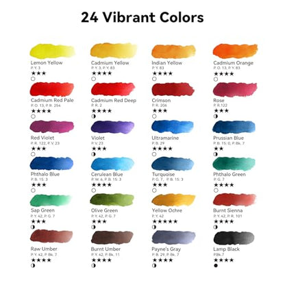 Arrtx Watercolor Paint Set, 24 Full Pans with Vibrant Colors - Non-Toxic, Lightfast Professional Art Supplies Ideal for Sketching, Illustration & Travel Use
