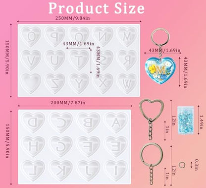 GEOCCI Keychain Resin Molds, 27 Cavities Heart-Shaped Alphabet Resin Mold Kit for Keychain, Pet Tag, Crafts Making（Silicone Products with Holes）