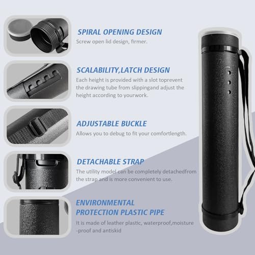 Poster Tube with Strap,2Pack Expandable Poster Storage Tubes Expand from 24.5" to 40" ,Waterproof Telescoping Blueprint Art Document Transport Carrying Tube - color: Black