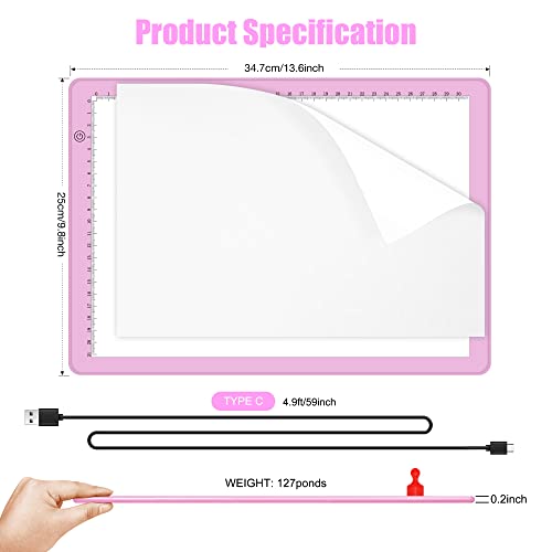 comzler A4 LED Light Board, 3 Level Dimmable Brightness USB Power Artcraft Light Table for Tracing, Light Drawing Sketch Pad for Animation, Sketching, Drawing, Stenciling, Artists - Pink - style: A4 Pink