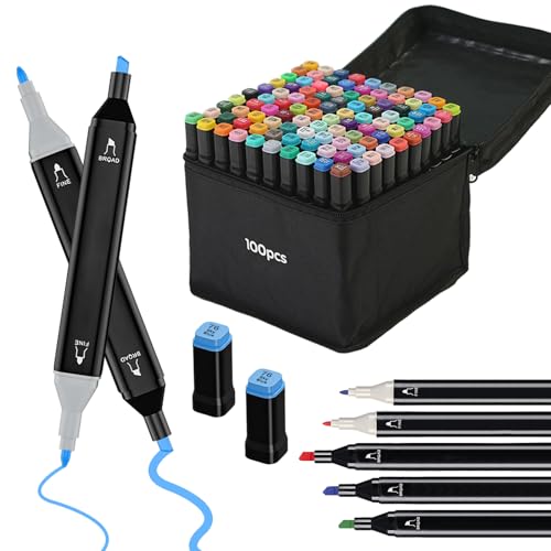 100 Colors Dual Tip Alcohol Markers, Dual Tips Art Markers, Permanent Sketch Marker Set for Adults Coloring, Painting, Sketching, Illustrations - color: 100 Colors