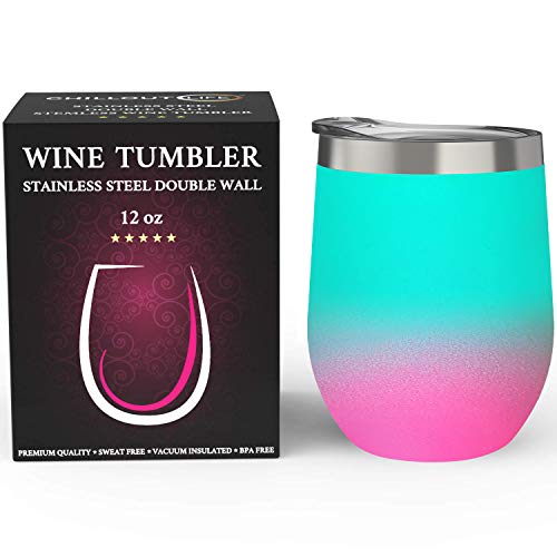 CHILLOUT LIFE 12 oz Stainless Steel Wine Tumbler with Lid - Double Wall Vacuum Insulated Wine Cup Glass Keeping Cold & Hot for Coffee, Champagne, Cocktails, Ice Cream - Powder Coated Aqua Blue/Pink - color: Frozen Slushy, style: 1 Pack