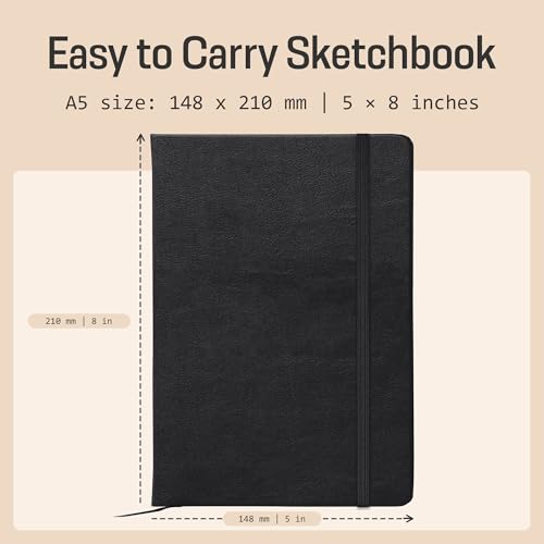 BROWNSTONE JOURNALS A5 Sketch Book Hardcover - 80 Sheets 100 GSM Paper 5"x8", Lay Flat, Vegan Leather Cover, Elastic Band, Back Pocket, Art Drawing Book (Charcoal Black) - color: Charcoal Black, size: A5 (5" x 8")