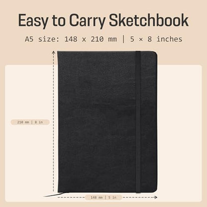 BROWNSTONE JOURNALS A5 Sketch Book Hardcover - 80 Sheets 100 GSM Paper 5"x8", Lay Flat, Vegan Leather Cover, Elastic Band, Back Pocket, Art Drawing Book (Charcoal Black) - color: Charcoal Black, size: A5 (5" x 8")