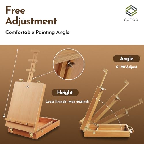 CONDA Premium Wooden Sketch Box Easel - Adjustable Tabletop Art Easel for Painting, Drawing & Sketching, Solid Beech Wood Design with Art Supply Storage, Ideal for Artists, Students & Beginners - style: Sketch Box