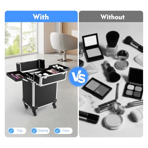 13.23lbs Lockable Makeup Train Case,Rolling Hairdressing Trolley,Beauty Salon Cosmetic Luggage with Universal Wheels for Hair Stylist,Make-up Artists (Black 7) - color: Black 7