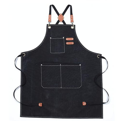 Multi-Pocket Waterproof Oil-Proof Canvas Cotton Apron Cross-Back Adjustable Straps For Chefs Barbers Carpenters - color: Black