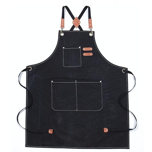 Multi-Pocket Waterproof Oil-Proof Canvas Cotton Apron Cross-Back Adjustable Straps For Chefs Barbers Carpenters - color: Black