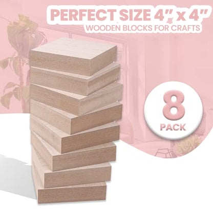 (8-Pack) - 4” x 4” Wooden Blocks for Crafts - 1-Inch Thick Square MDF Blocks - Smooth Surface with Wood Grain Pattern - Highly Customizable Blank Wood Squares - size: 4 x 4 x 1" (8 Pack)