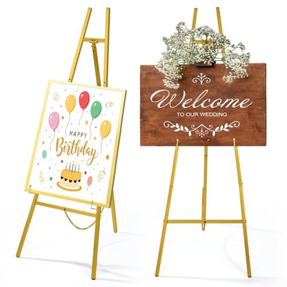 CroBlissful Gold 50" Easel Stand for Wedding Sign Adjustable 3Tier Height Display Easel with Chain Heavy Duty Floor Tripod for Welcome Wedding Sign Painting Canvas Baby Shower Party Poster (Metal) - color: Gold