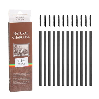 MECCANIXITY Willow Charcoal Sticks, 4-5mm Willow Charcoal Pencils Soft Sketch Vine Art Supplies Set for Drawing Sketching Shading Painting Artists Beginners (Black, Pack of 12)